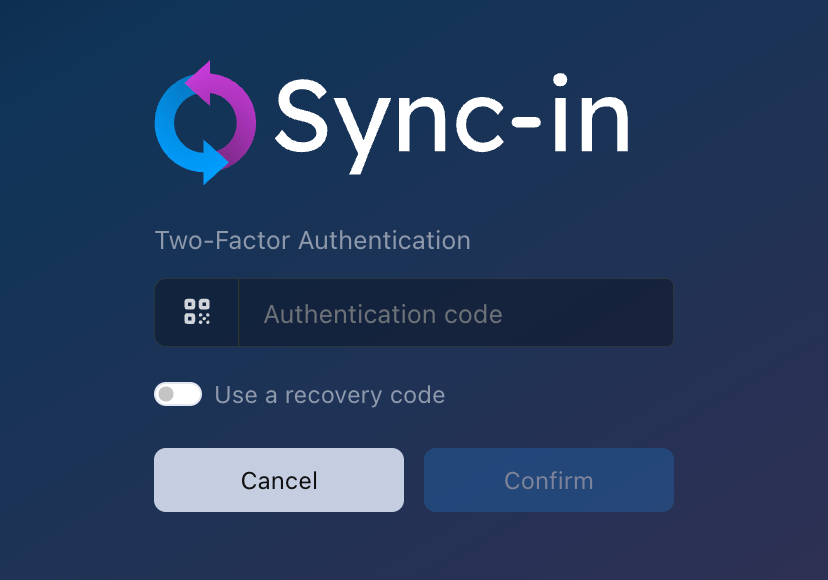 Sync-in multi-factor authentication login screen
