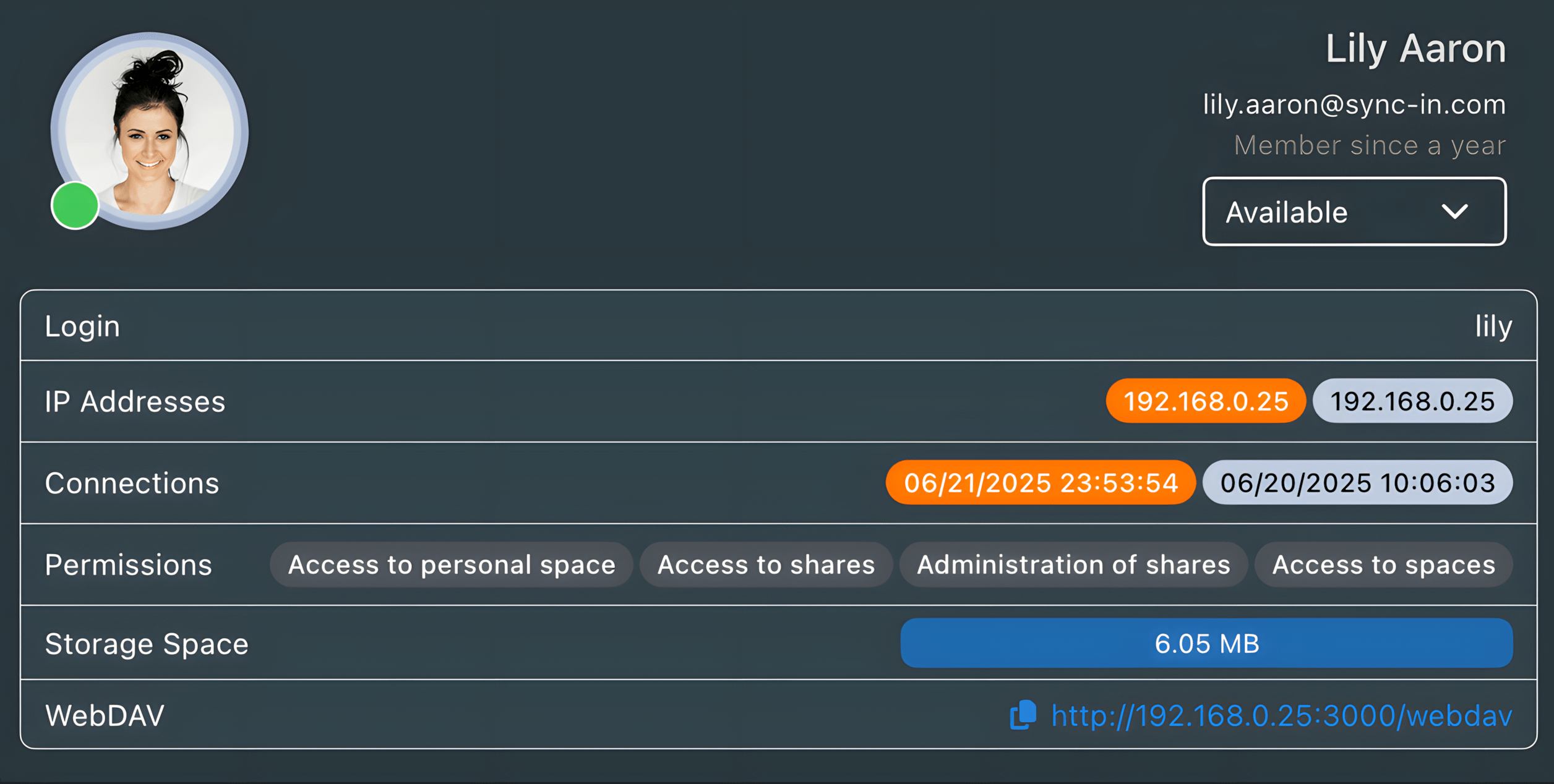 Vue du profil et de la sécurité du compte Sync-in