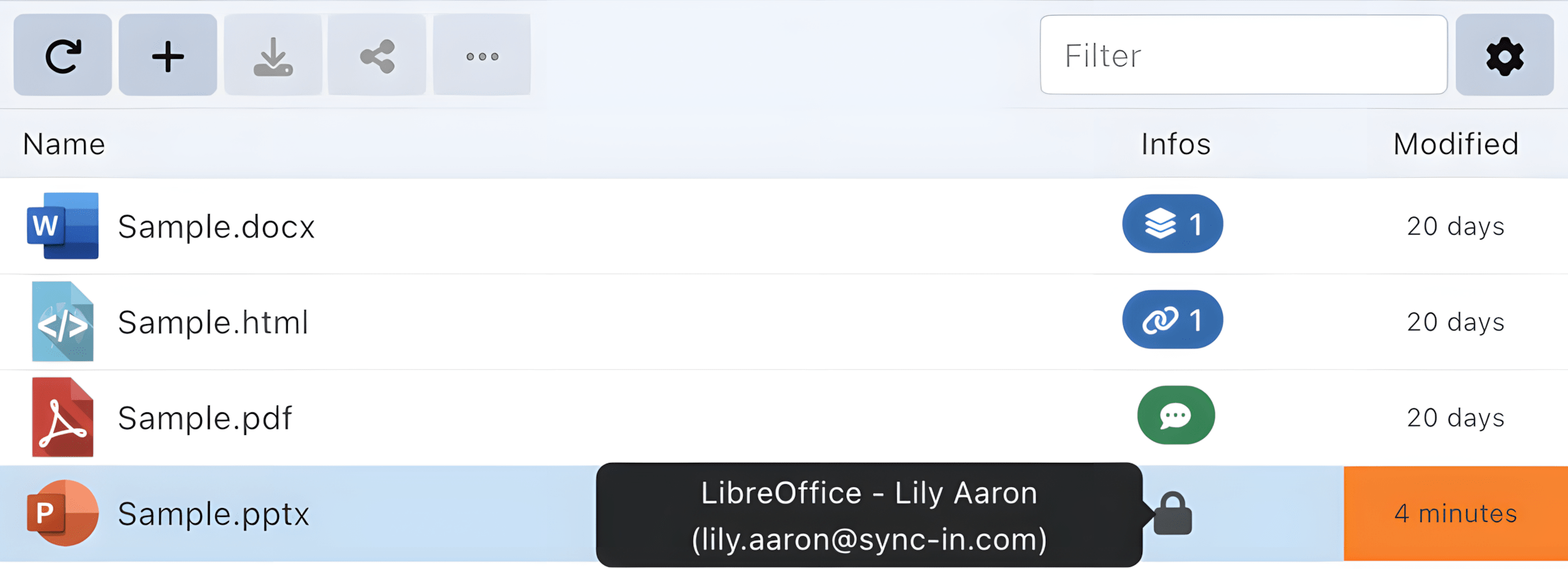 Métadonnées des fichiers Gestionnaire de fichiers Sync-in avec métadonnées et statuts de collaboration