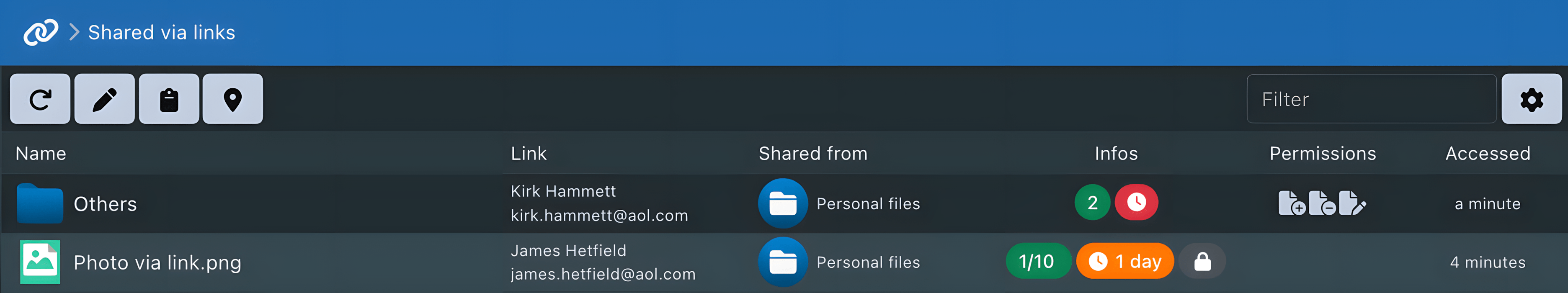 Interface de gestion des liens partagés dans Sync-in
