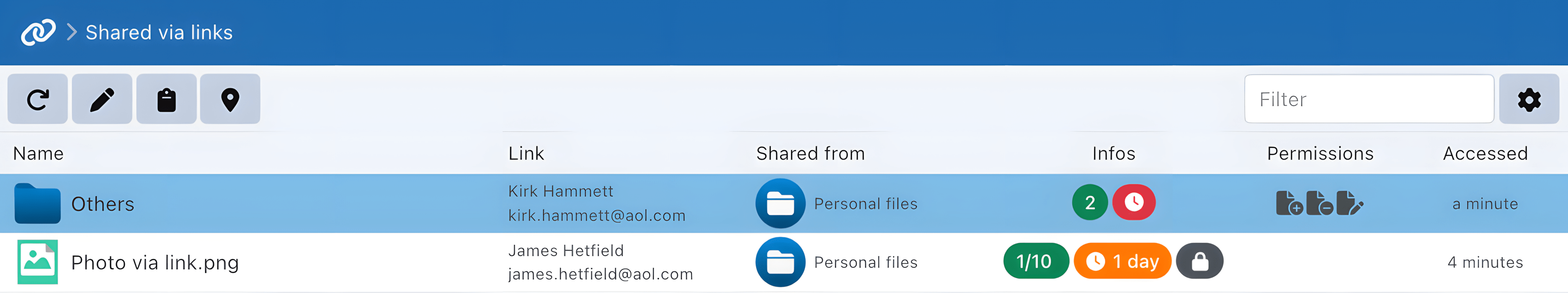 Partage via liens Interface de gestion des liens partagés dans Sync-in