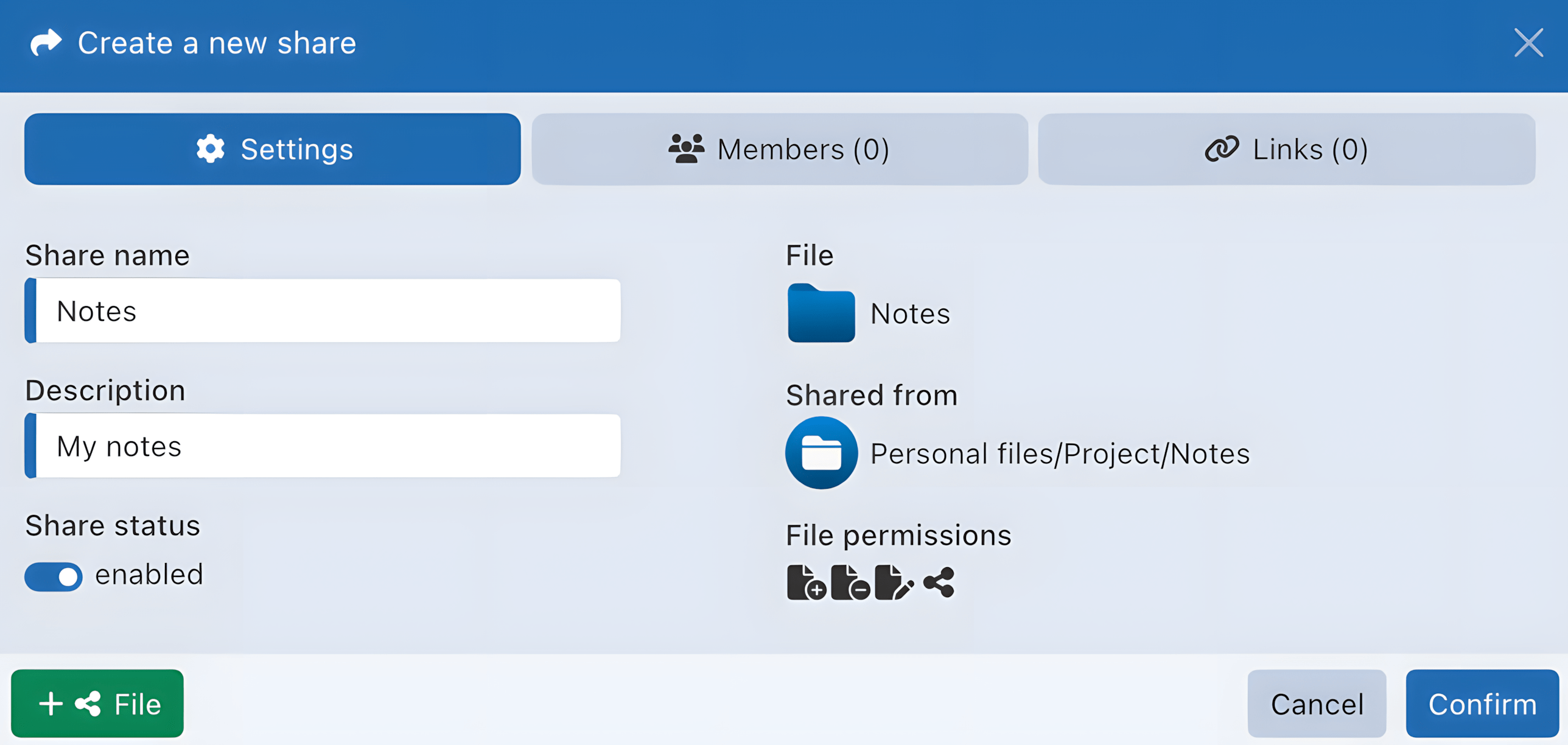 Paramètres partage Paramètres de partage Sync-in et permissions des membres