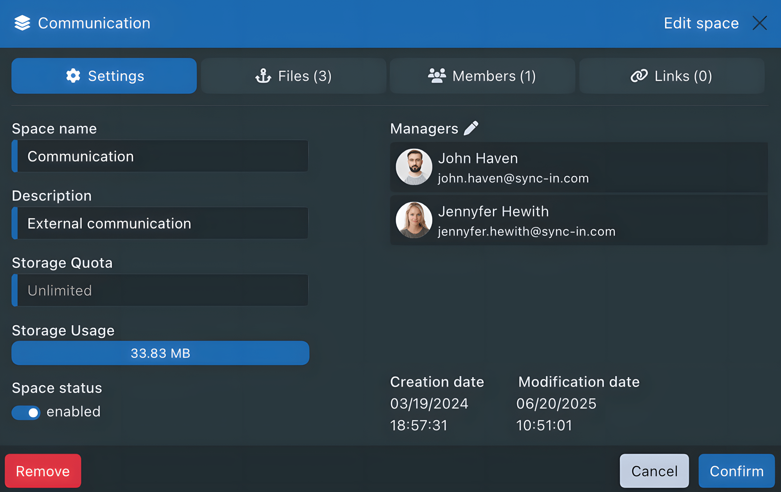 Paramètres et quotas d'un espace collaboratif Sync-in