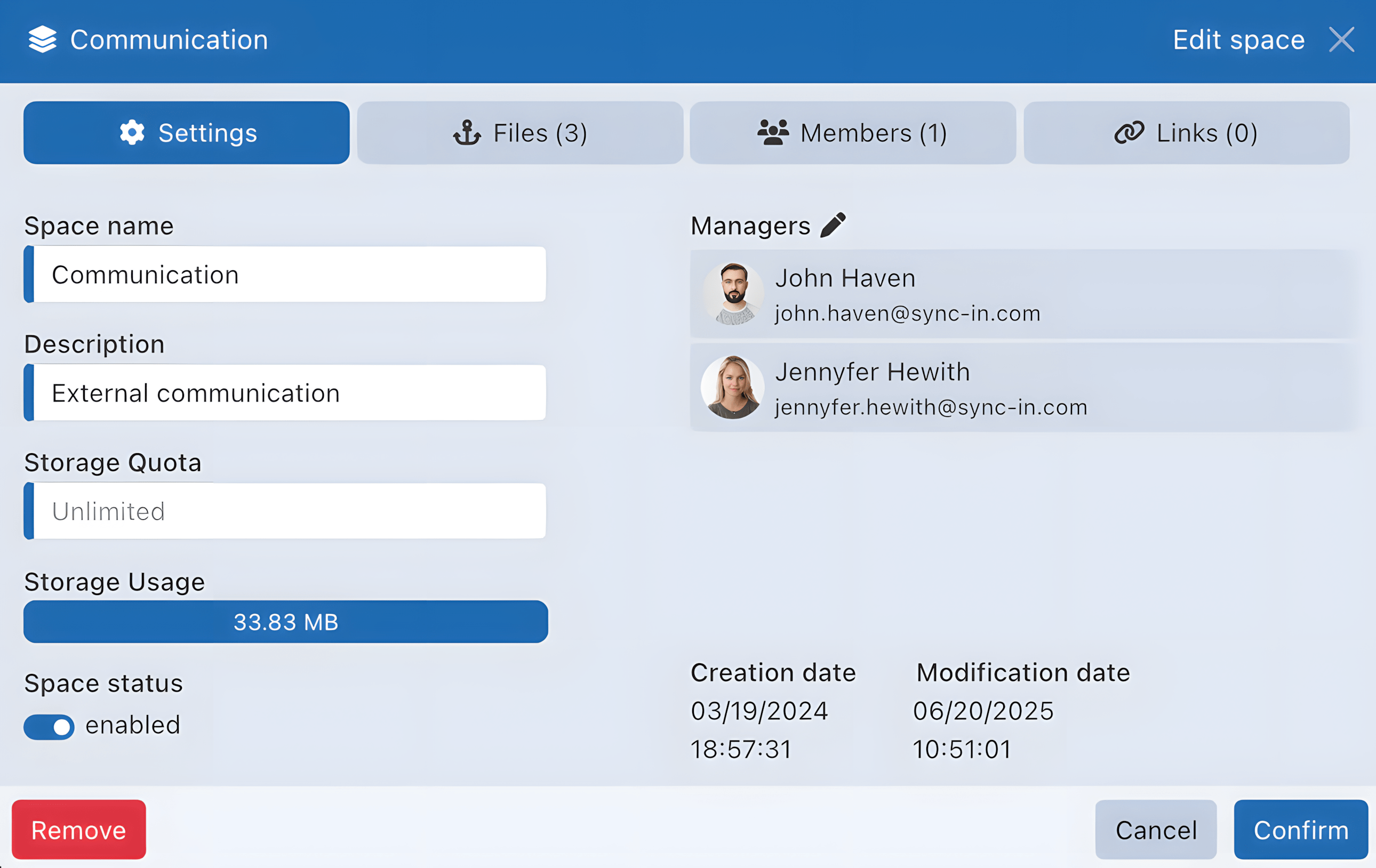Paramètres d'espace Paramètres et quotas d'un espace collaboratif Sync-in