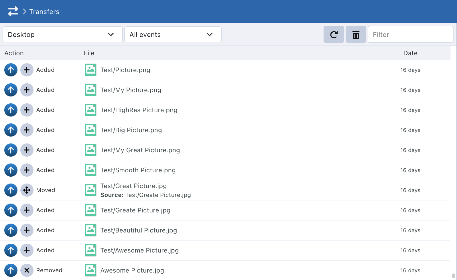 Historique des transferts de synchronisation desktop dans Sync-in