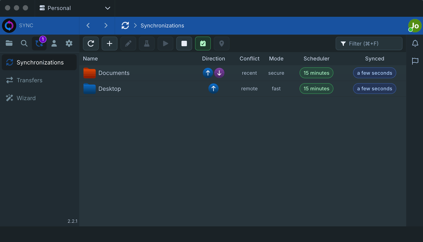 Tableau de bord de synchronisation de l'application desktop Sync-in