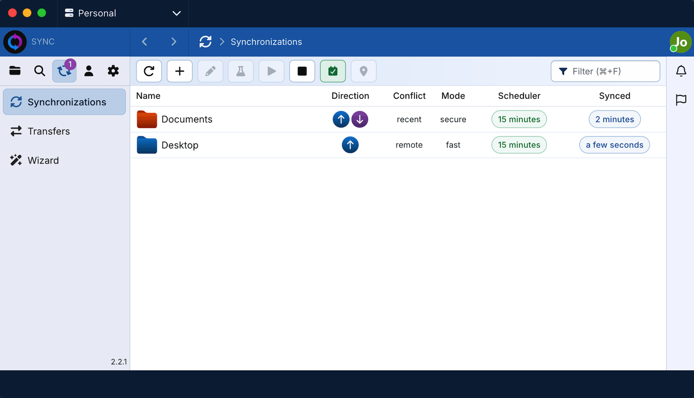 Interface de synchronisation desktop Sync-in
