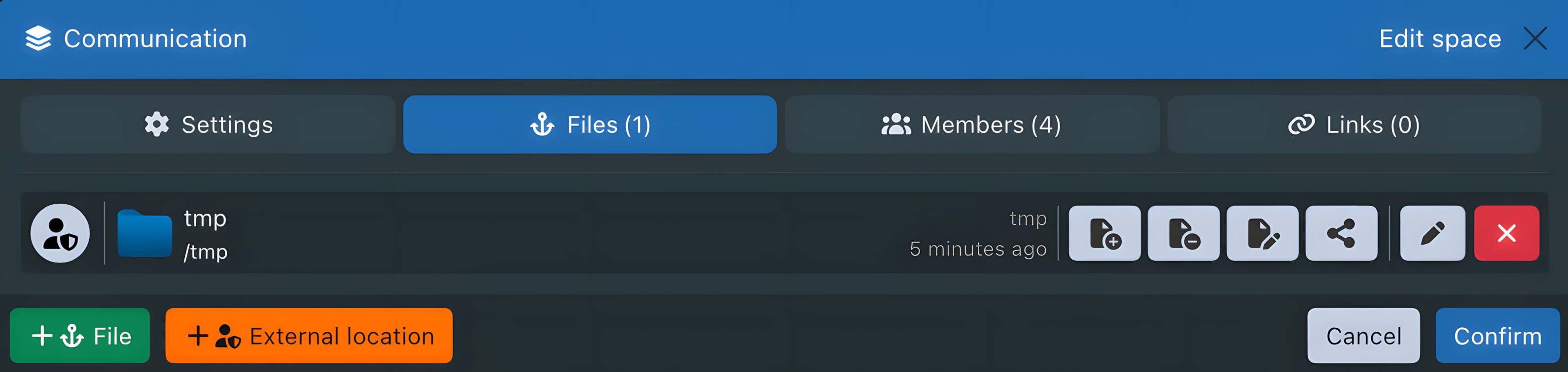Sync-in external location configuration for spaces and shares