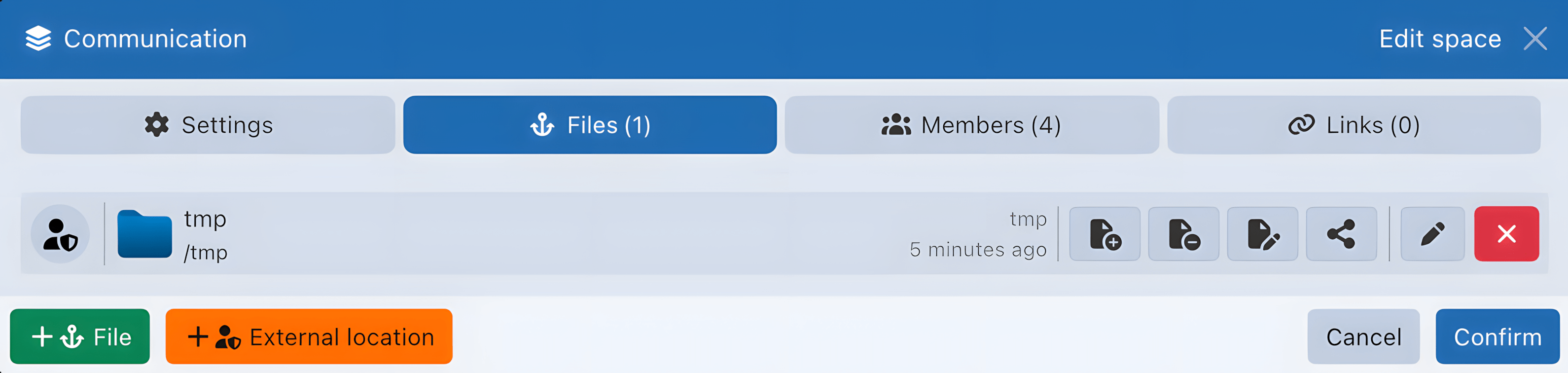 Sync-in external location configuration for spaces and shares