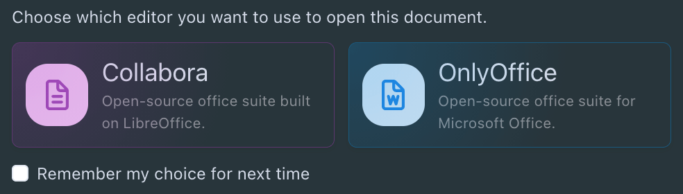 Sync-in editor selection between Collabora Online and OnlyOffice
