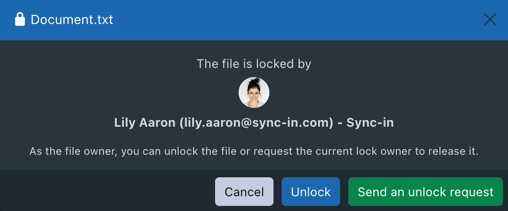 Sync-in unlock request action for a locked file