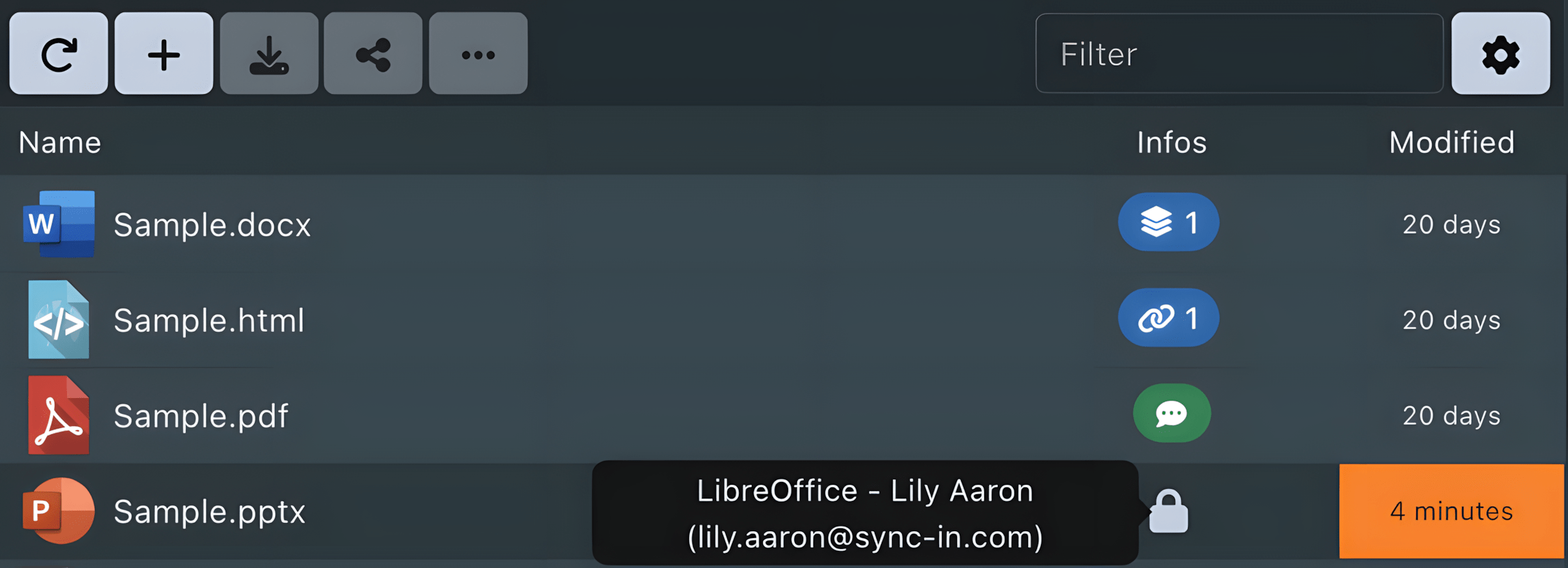 Sync-in file manager showing file metadata and collaboration status