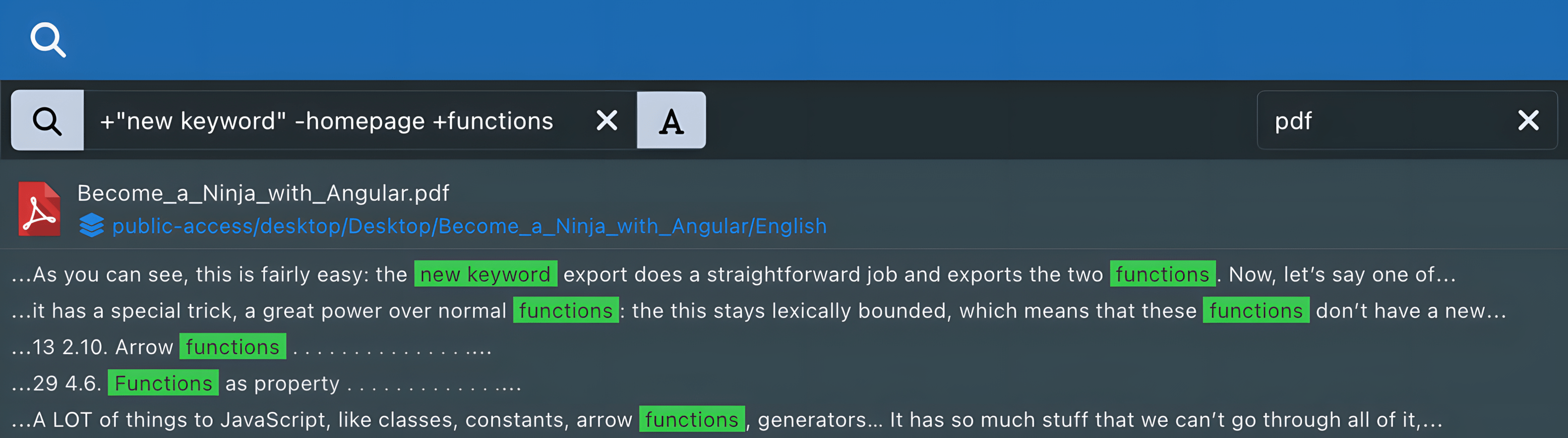 Sync-in full-text search results inside document content