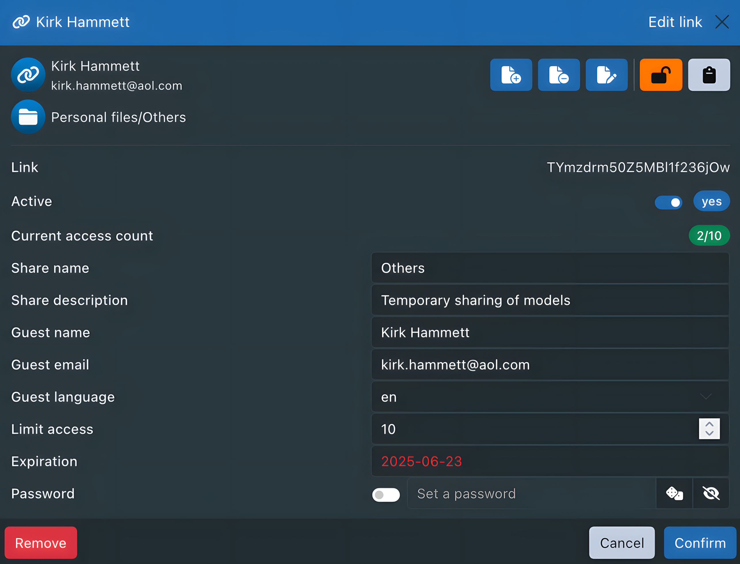 Sync-in shared link settings with access limits and password
