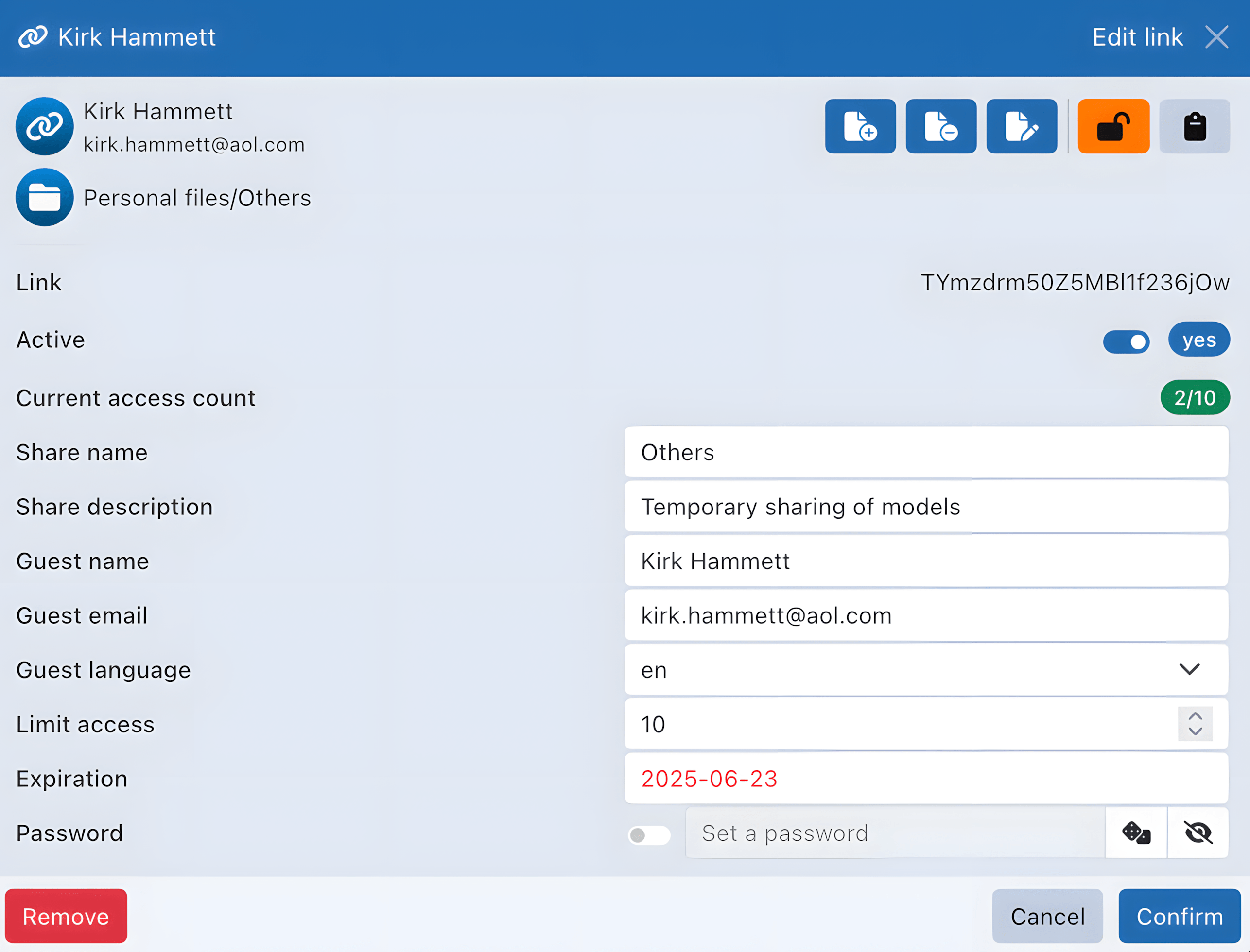 Sync-in shared link settings with access limits and password