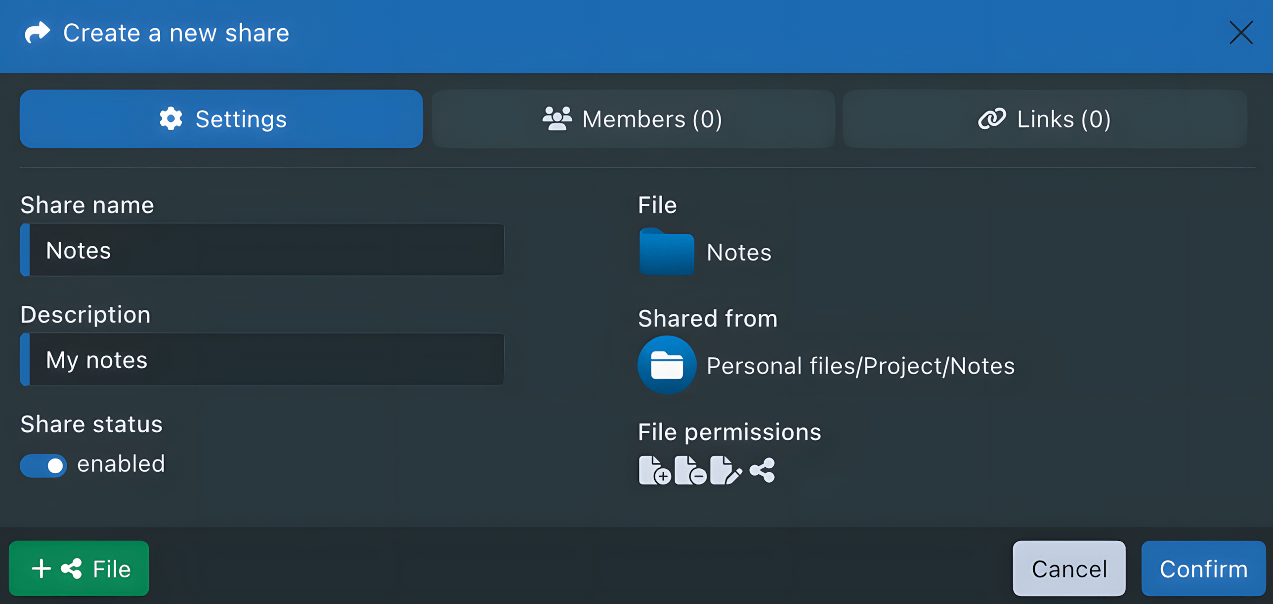 Sync-in share settings and member permissions