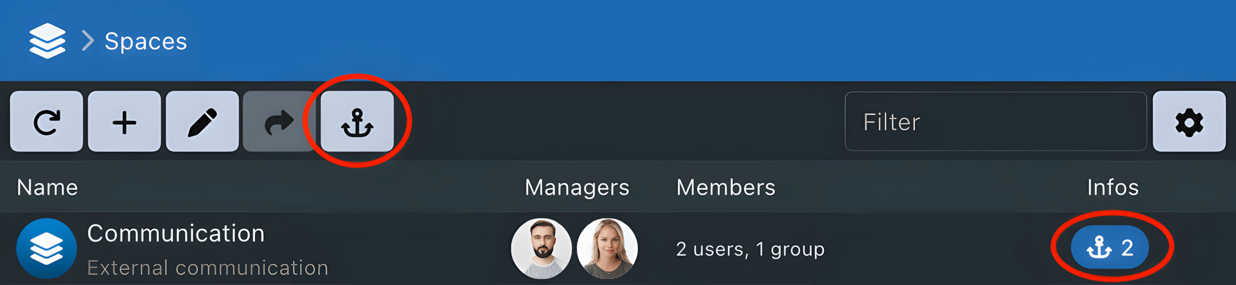 Sync-in anchored files listed inside a collaborative space