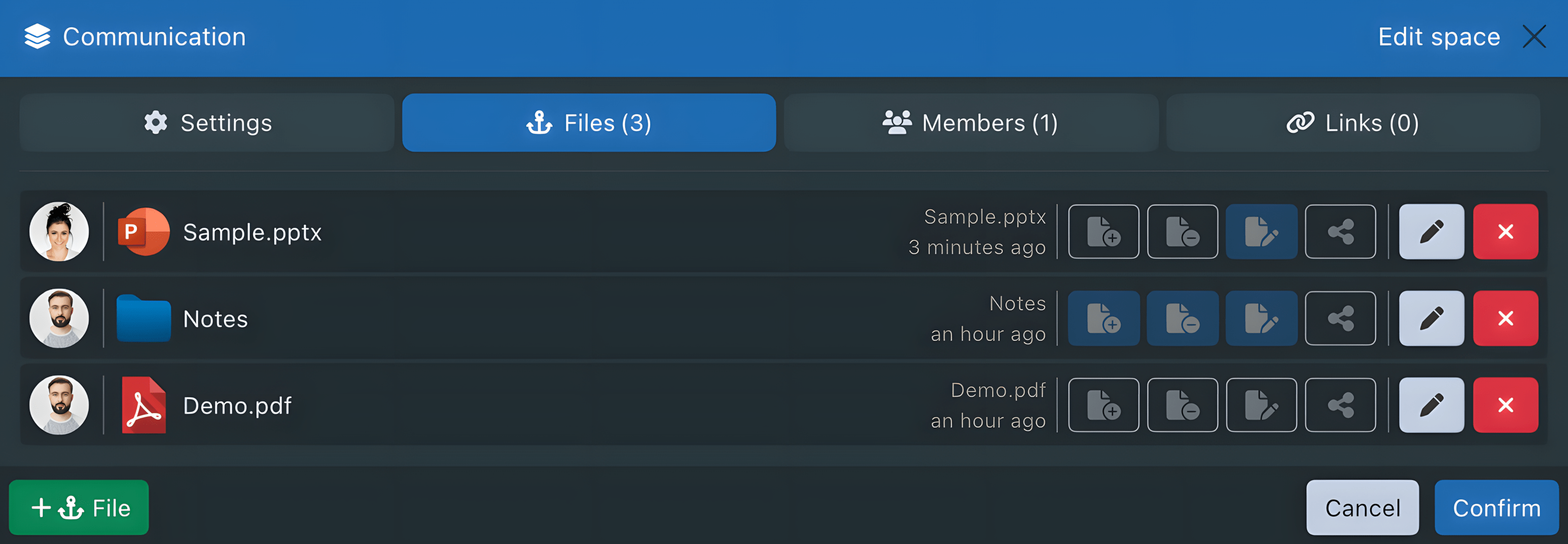 Sync-in anchored file management in space settings