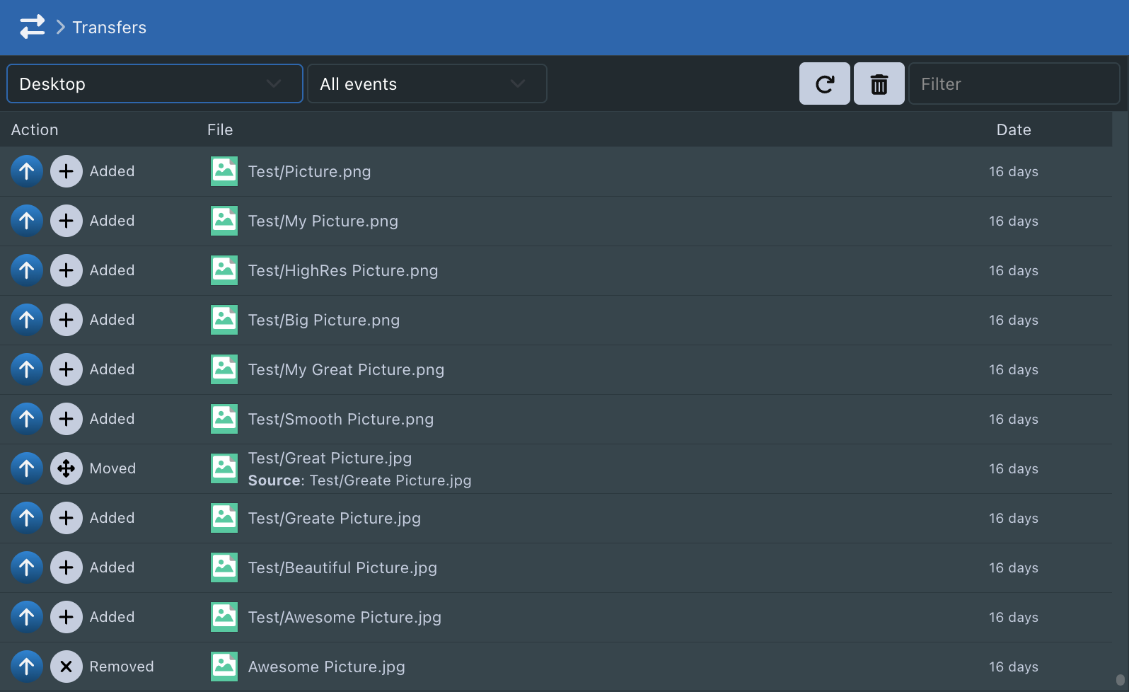 Sync-in desktop synchronization transfer history