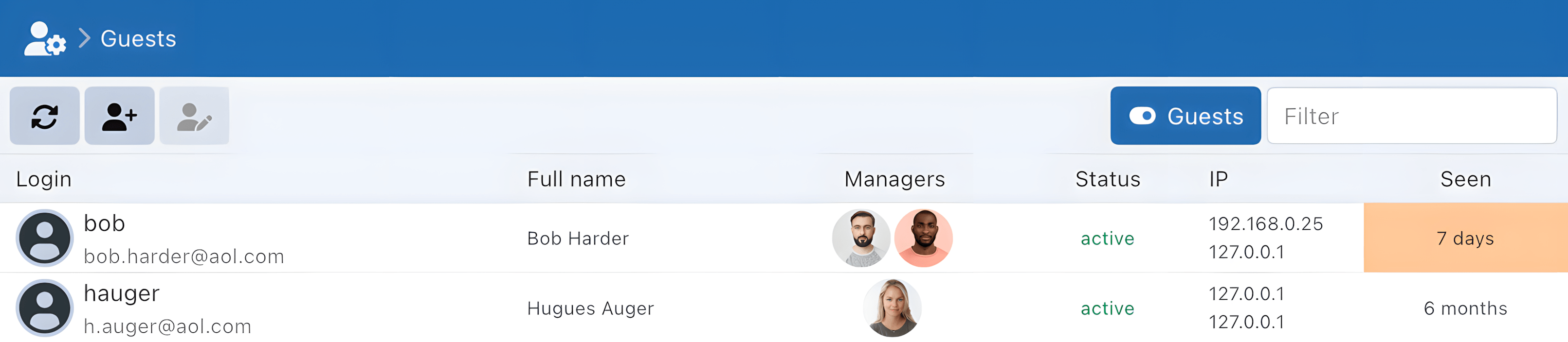Sync-in guest account administration list