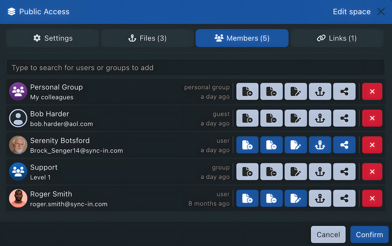 Sync-in member permissions for a collaborative space